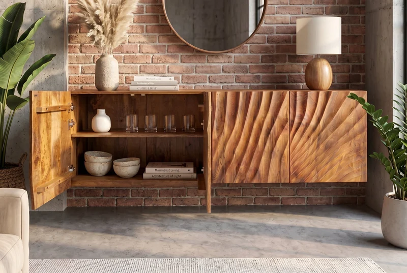 Buffet massif SCORPION 180cm marron suspendu en manguier avec sculptures 3D