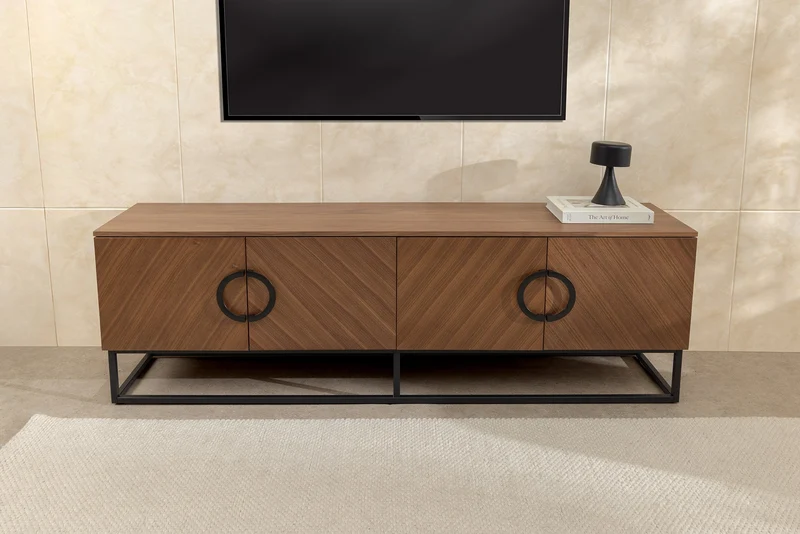Buffet bas industriel GRANDEZZA 180cm noyer naturel meuble TV métal noir