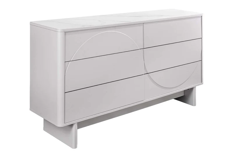 Buffet design SAVOY 150cm céramique marbre blanc cachemire avec six tiroirs