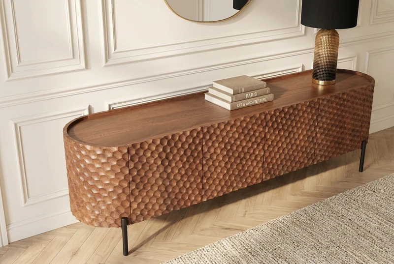 Meuble TV massif ADLON 200cm bois de manguier marron meuble bas métal noir avec façade 3D