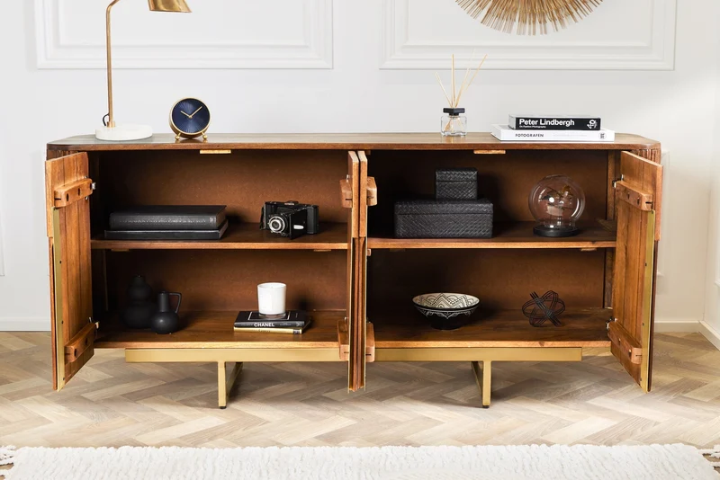 Buffet design GATSBY 160cm marron mat doré bois de manguier rétro
