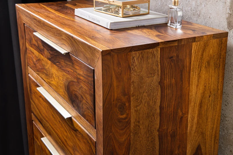 Commode en bois massif PURE 100cm finition pierre marron Sheesham avec quatre tiroirs