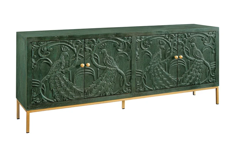 Buffet massif PEACOCK 175cm en bois de manguier vert antique sculpture 3D design paon