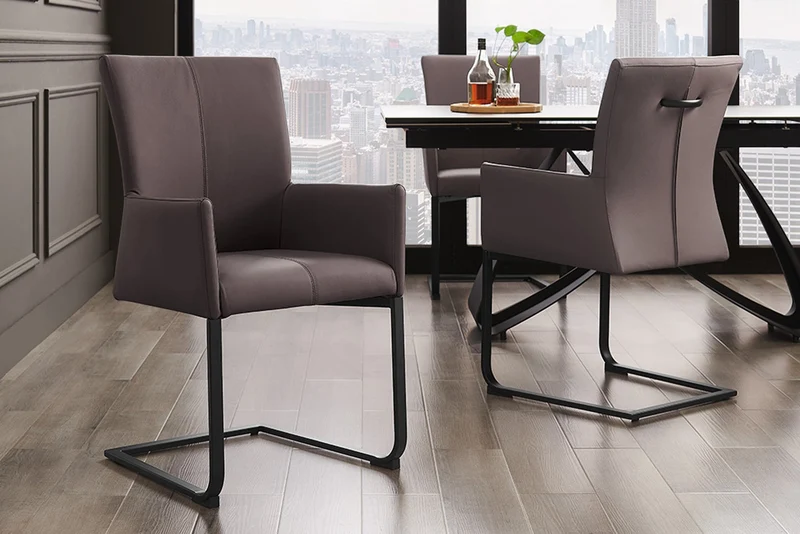 Lot de 2x chaises cantilever moderne SAMSON en cuir véritable gris taupe, structure en métal avec poignée confortable