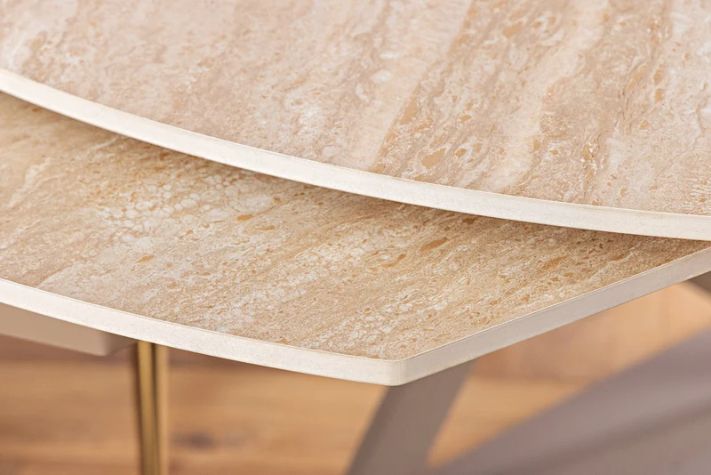 Table à manger extensible INCEPTION 130-190cm ovale travertin céramique champagne grège