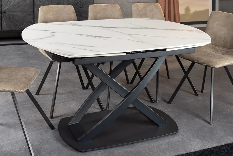 Table à manger extensible INCEPTION 130-190cm marbre blanc céramique structure métal noir