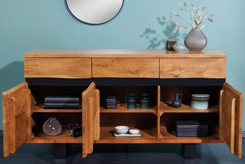 Buffet en bois massif MAMMUT 160cm acacia finition miel bord d’arbre en métal avec tiroirs