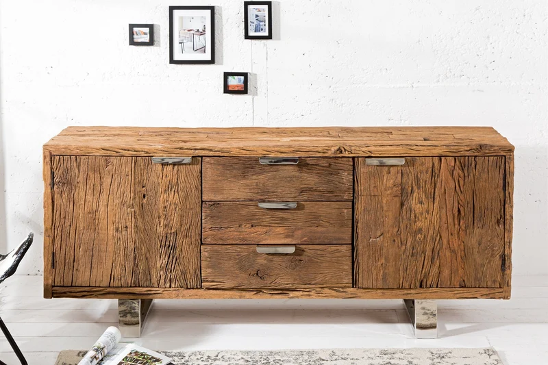 Buffet en bois massif BARRACUDA 160cm commode ancienne en teck avec pieds luges en acier