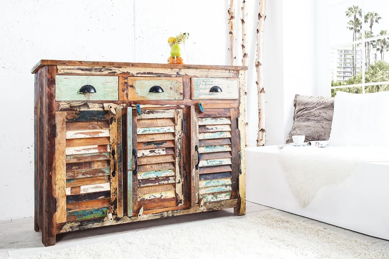Buffet unique JAKARTA 125cm en bois massif recyclé provenant de bateaux de pêche