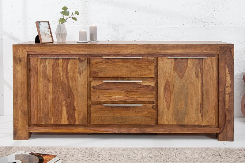 Buffet en bois massif MAKASSAR 175cm marron finition pierre Sheesham commode avec tiroirs