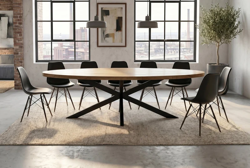 Table à manger massive GALAXIE 240cm bois de manguier marron ovale structure étoile en fer noir