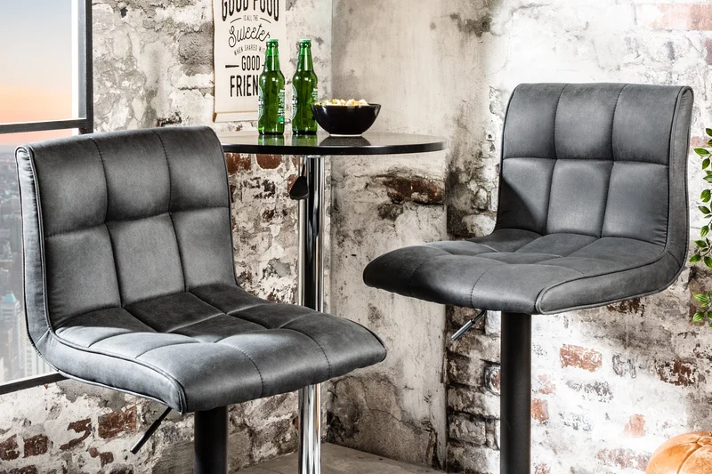 Lot de 2x Tabouret de bar réglable en hauteur MODENA vintage gris microfibre métal noir avec dossier rotatif