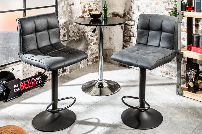 Lot de 2x Tabouret de bar réglable en hauteur MODENA vintage gris microfibre métal noir avec dossier rotatif