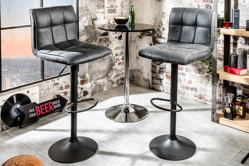 Lot de 2x Tabouret de bar réglable en hauteur MODENA vintage gris microfibre métal noir avec dossier rotatif