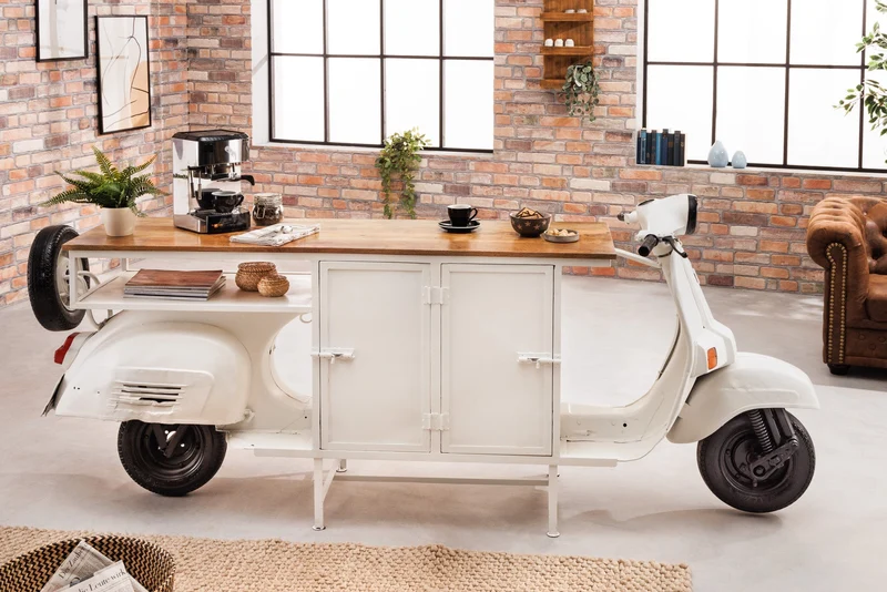 Meuble bar extravagant SCOOTER 250cm blanc rétro console scooter avec bois de manguier upcyclé