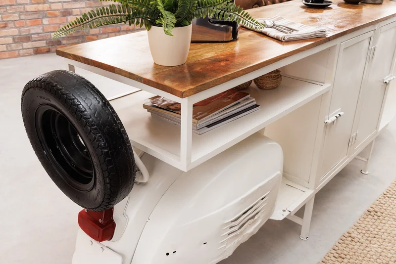 Meuble bar extravagant SCOOTER 250cm blanc rétro console scooter avec bois de manguier upcyclé