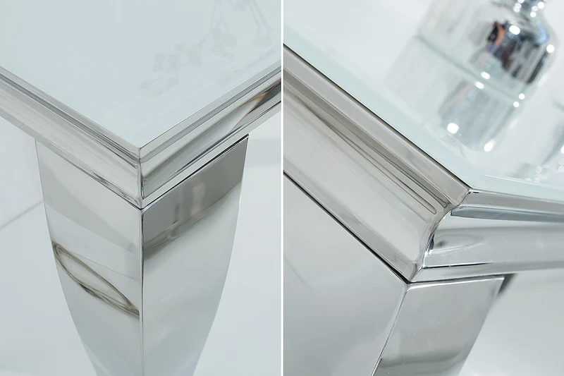 Elégante table console MODERN BAROQUE 145cm verre opale blanc pieds inox