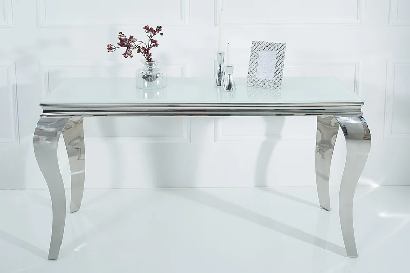 Elégante table console MODERN BAROQUE 145cm verre opale blanc pieds inox