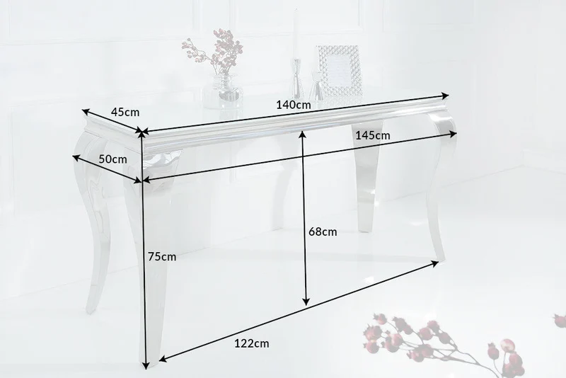 Elégante table console MODERN BAROQUE 145cm verre opale blanc pieds inox