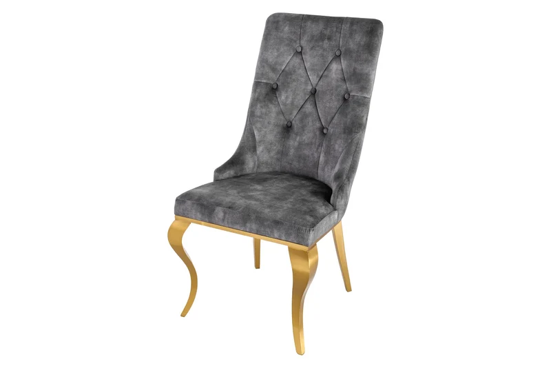 Lot de 2x chaises élégante de style baroque moderne en velours gris avec tête de lion dorée