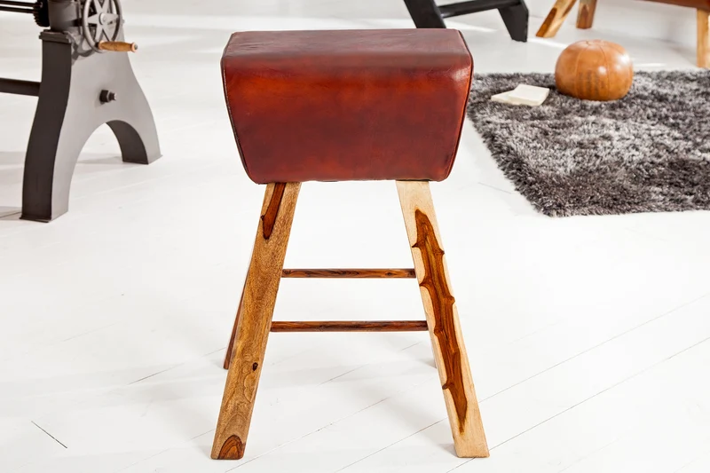 Tabouret de bar rétro TURNBOCK 75cm avec revêtement en cuir véritable chaise de bar en bois de manguier