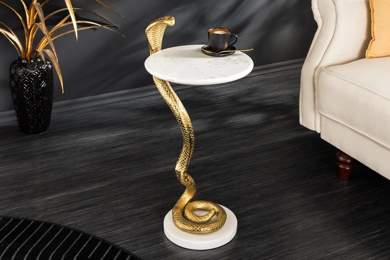 Table d'appoint ronde WILDLIFE COBRA 65cm sculpture serpent en marbre blanc doré faite main