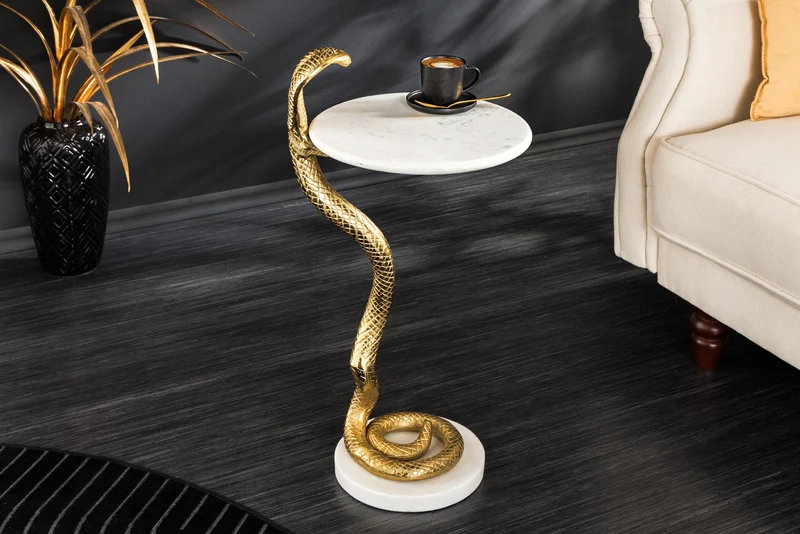 Table d'appoint ronde WILDLIFE COBRA 65cm sculpture serpent en marbre blanc doré faite main