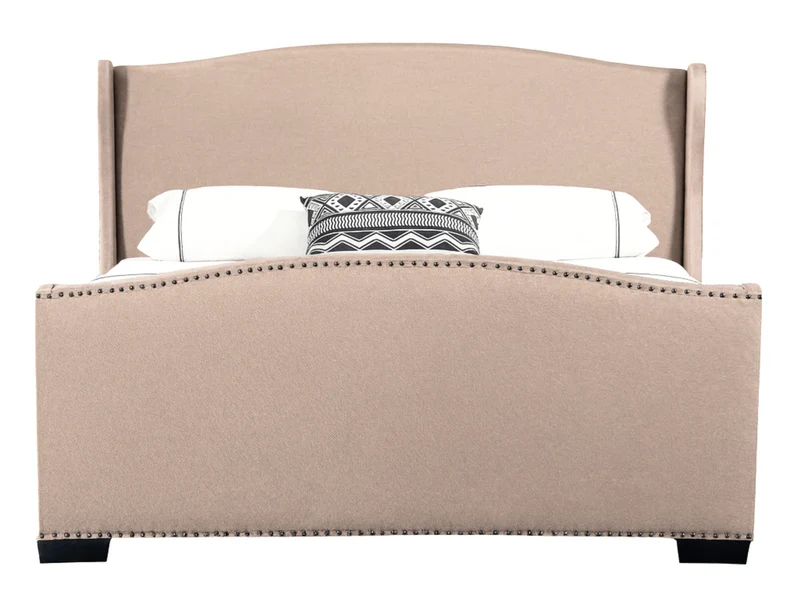 Lit capitonné Christelle en tissu gris avec tête de lit cloutée – Sommier à lattes inclus