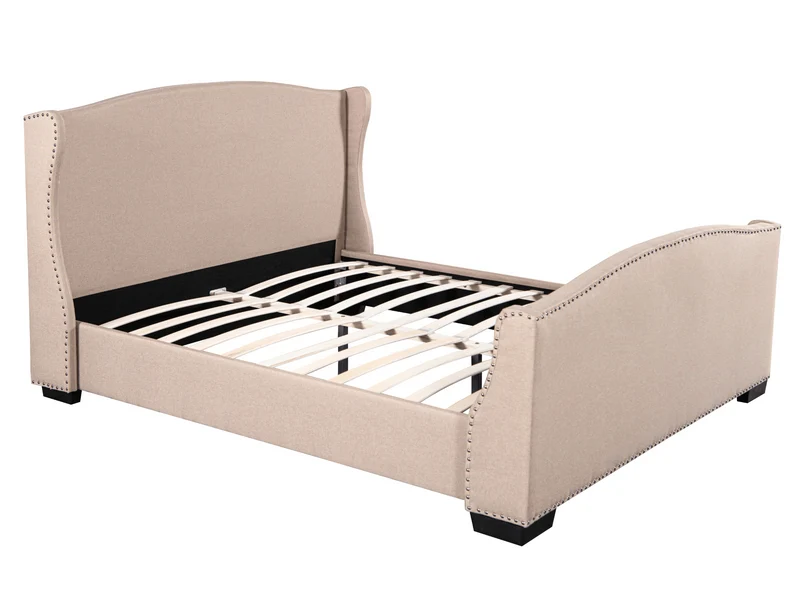 Lit capitonné Christelle en tissu gris avec tête de lit cloutée – Sommier à lattes inclus