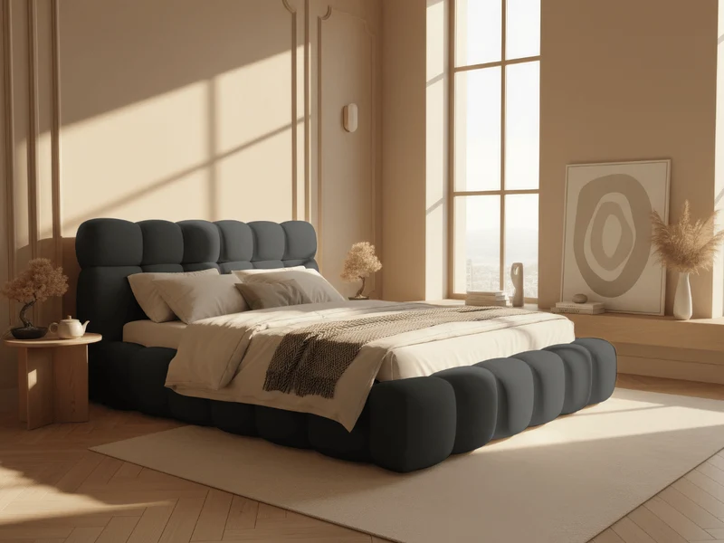 Lit coffre Denver en tissu bouclette – Lit design rembourré avec rangement