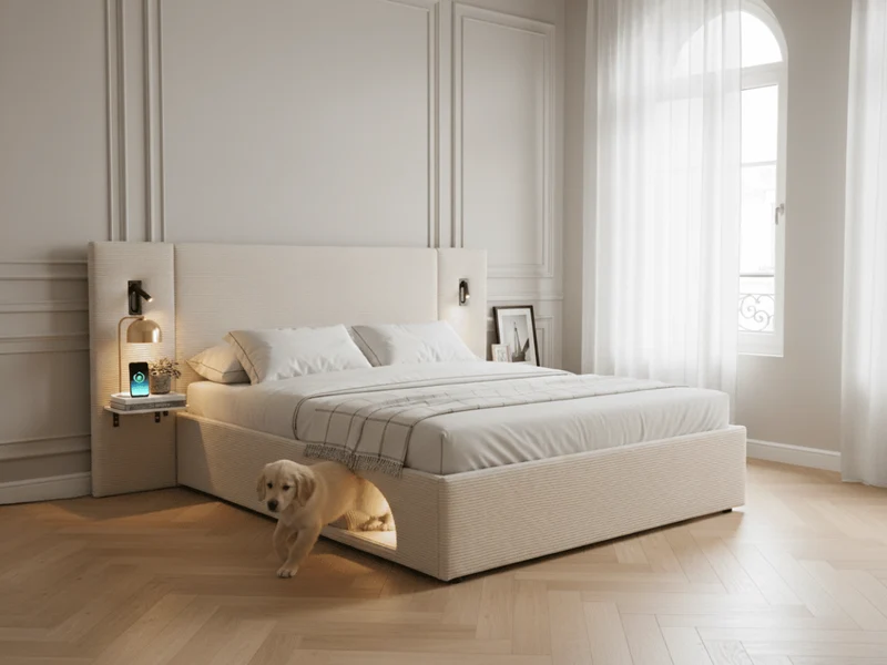 Lit Élysée – CosyPet Edition : tête de lit XXL, coffre, lumières, USB & tables de chevet incluses