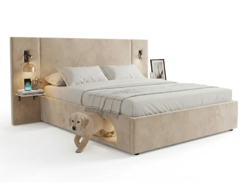 Lit Élysée – CosyPet Edition : tête de lit XXL, coffre, lumières, USB & tables de chevet incluses