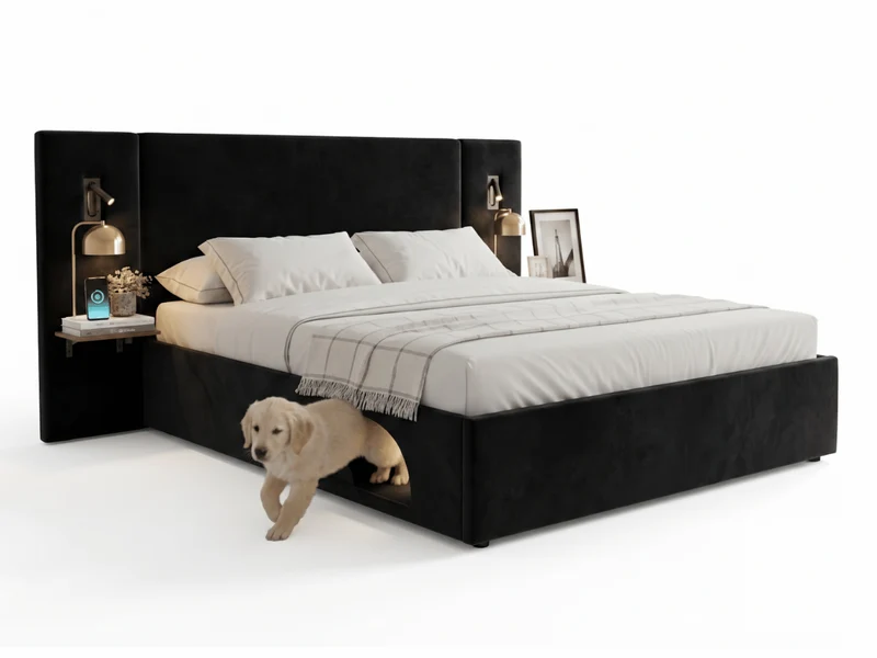 Lit Élysée – CosyPet Edition : tête de lit XXL, coffre, lumières, USB & tables de chevet incluses