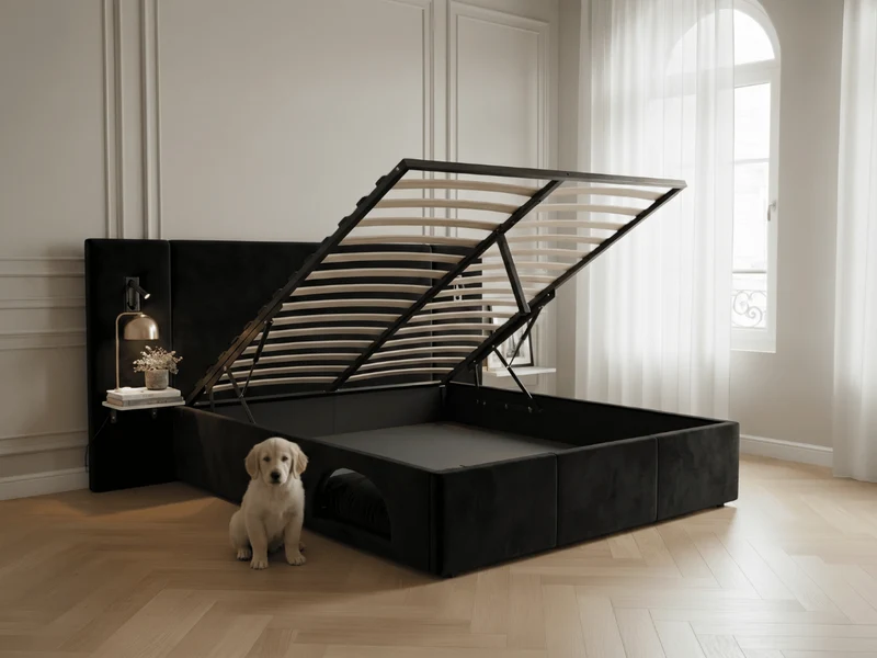 Lit Élysée – CosyPet Edition : tête de lit XXL, coffre, lumières, USB & tables de chevet incluses