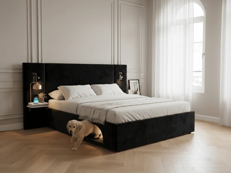 Lit Élysée – CosyPet Edition : tête de lit XXL, coffre, lumières, USB & tables de chevet incluses