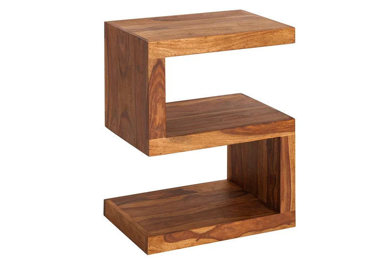 Table d'appoint artisanale S 60cm en bois massif de Sheesham marron finition pierre étagère