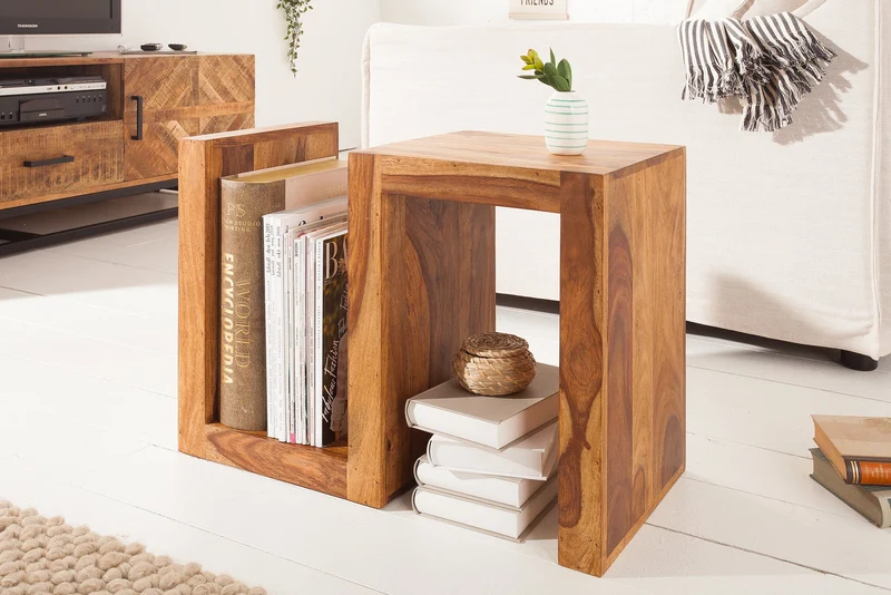 Table d'appoint artisanale S 60cm en bois massif de Sheesham marron finition pierre étagère
