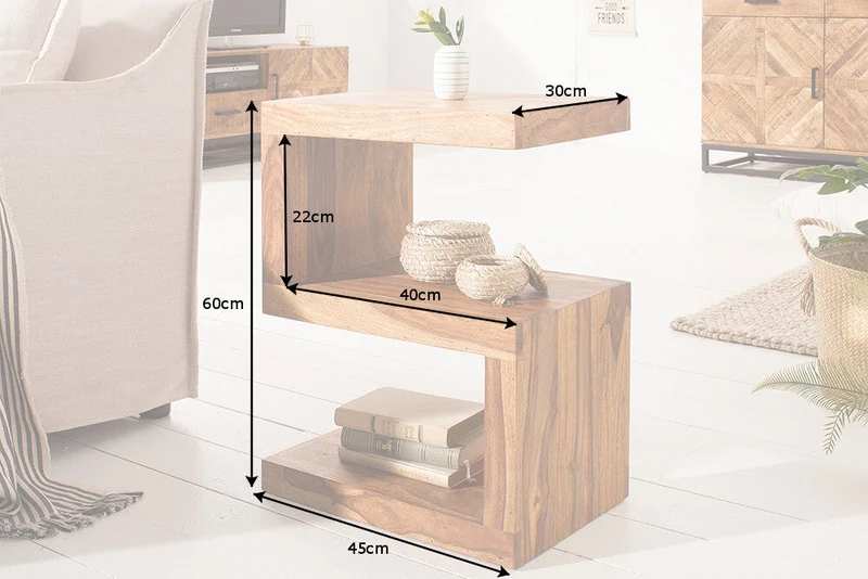 Table d'appoint artisanale S 60cm en bois massif de Sheesham marron finition pierre étagère