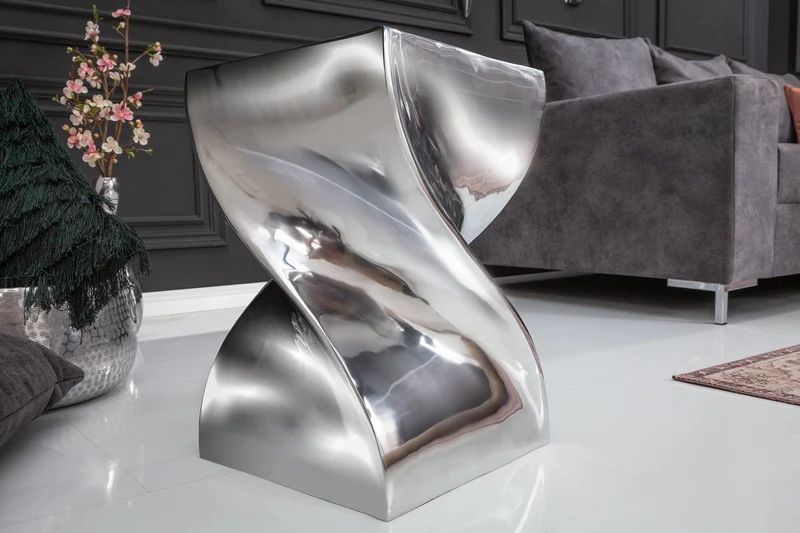Table d’appoint sculpturale TWIST 45cm tabouret en aluminium poli argent design moderne