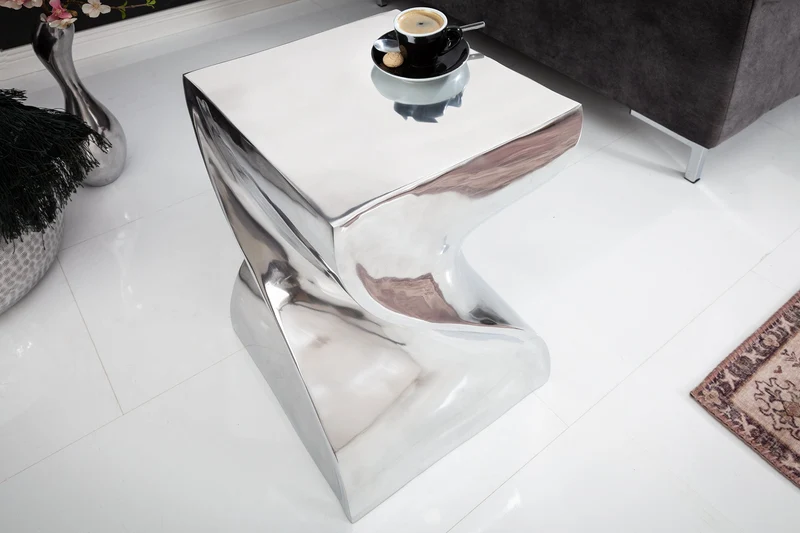 Table d’appoint sculpturale TWIST 45cm tabouret en aluminium poli argent design moderne