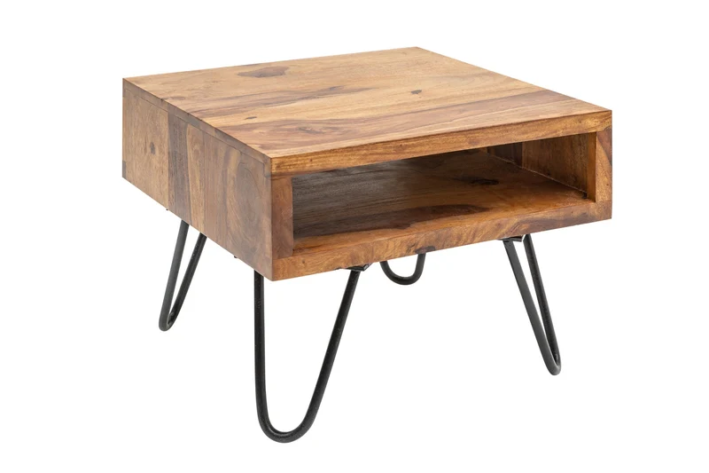 Table d'appoint en bois massif SCORPION 45cm marron Finition pierre de Sheesham Pieds en épingle à cheveux Espace de rangement