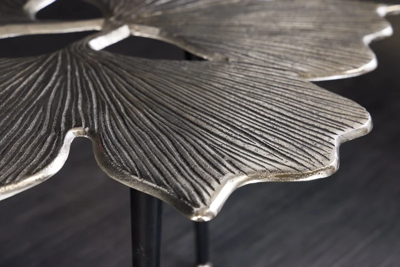 Table basse décorative GINKGO LEAFS 75cm métal argenté fait main