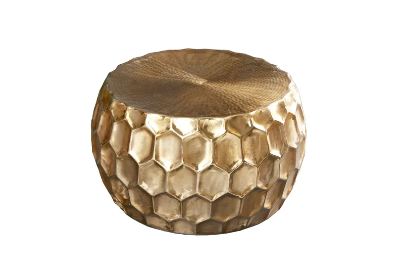 Table basse ronde ORGANIC ORIENT 70cm métal doré martelé fait main design nid d'abeille