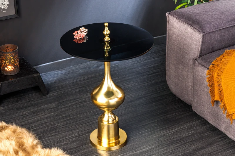 Table d'appoint design ABSTRACT 45cm métal doré plateau verre noir fait main ronde