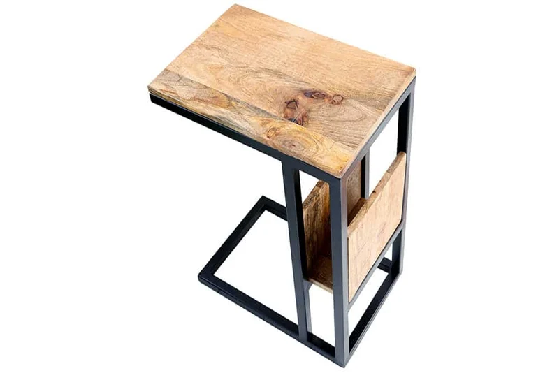 Table d'appoint moderne CONCIERGE 60 cm en bois de manguier naturel avec espace de rangement et structure en métal