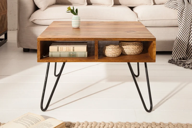 Table basse en bois massif SCORPION 60cm marron Finition pierre de Sheesham Espace de rangement Pieds épingles