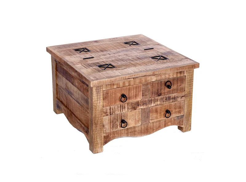 Table basse solide IRON CRAFT 70cm en bois de manguier avec tiroirs et espace de rangement