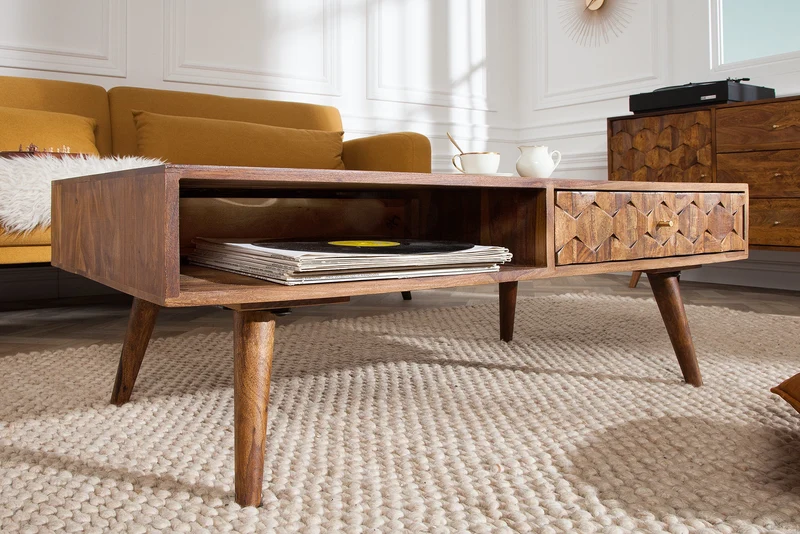 Table basse en bois massif MYSTIC LIVING 100cm finition pierre de Sheesham marron avec espace de rangement
