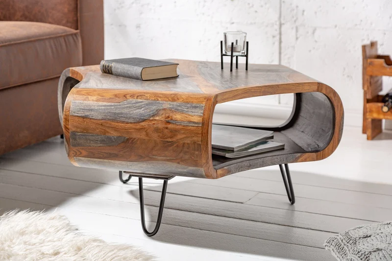 Table basse rétro ORGANIC LIVING 80cm finition fumée grise pieds épingles en bois massif de palissandre de Sheesham