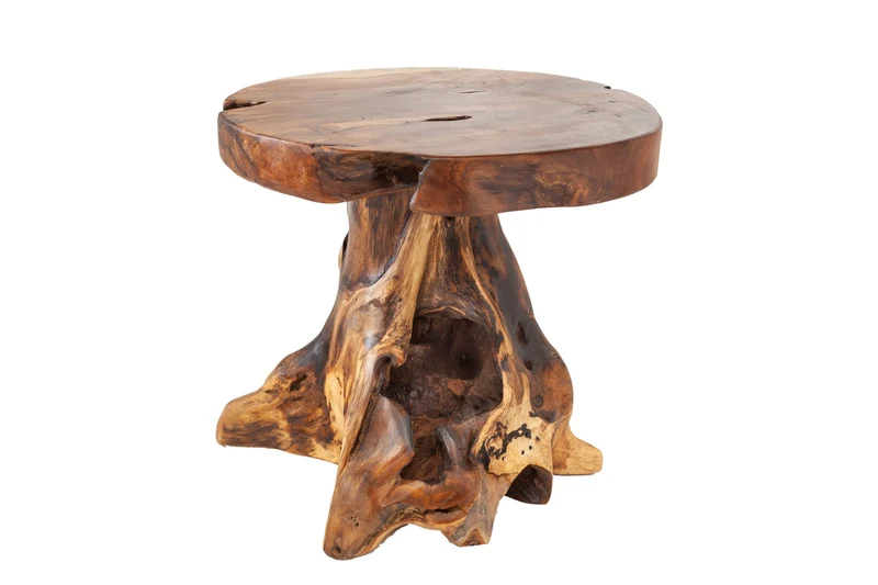 Table d'appoint solide ROOT 40cm tabouret en bois de teck fabriqué en bois de racine